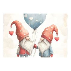 two gnomes with heart shaped balloons in their hands