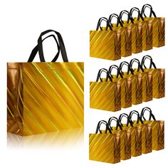 six gold shopping bags with black handles are shown in front of a white background and the image is made up of four different images