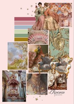 a collage of pictures with different styles of clothing and accessories, including an ornate chair