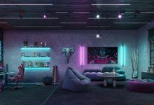 a living room filled with furniture and purple lighting