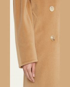 Maxmara "Madame" coat in wool cashmere blend. Notched lapel; double breasted button front. Long sleeves. Hip slip pockets. Trench fit. Virgin wool/cashmere. Lining, cupro/viscose/metallic fiber. Made in Italy. Designer Wool Coat With Button Closure For Fall, Chic Cashmere Outerwear With Button Closure, Beige Cashmere Outerwear With Button Closure, Classic Cashmere Wool Coat With Concealed Placket, Luxury Cashmere Wool Coat With Lapel Collar, Designer Wool Coat With Double Button And Lapel Collar, Luxury Wool Coat With Lapel Collar And Button Closure, Luxury Wool Coat With Double Button For Fall, Luxury Wool Coat With Double Button Closure For Fall