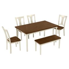 the table and chairs are all white with brown seat cushions on each side, along with a bench for four