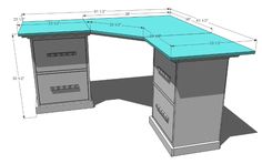 a drawing of a desk with drawers on the top and bottom, measurements for each drawer