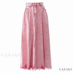 Lasaky - Timeless Vintage-Inspired High-Waist Maxi Denim Skirt with Raw Hem, Frilled Accents, and Faded Acid Wash Red Denim Skirt, Denim Long Skirt, Midi Skirts Style, Heavy Industry, Denim Patterns, Half Skirt, Denim Maxi Skirt, Coral Red, Jeans Rock