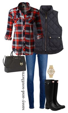 "preppy fall" by sassy-and-southern ❤ liked on Polyvore featuring AG Adriano Goldschmied, J.Crew, LE3NO, Hunter, Michael Kors and sassysouthernfall Fall Plaid Shirts For Women, Plaid Tops For Brunch In Fall, Plaid Tops For Fall Brunch, Fall Daywear Plaid Blouse, Southern Outfits Classy, Casual Plaid T-shirt For Fall, Outfits Classy Winter, Leisure Outfits, Holidays Outfits