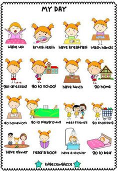 a poster with different types of children's hair and clothes, including the words my day