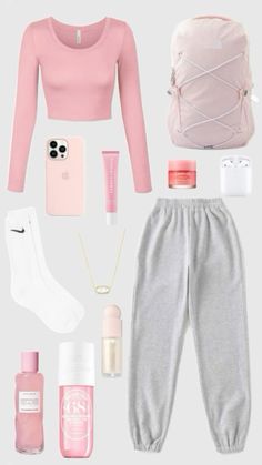 sweatpants, pink crop top, nike socks, sol de janeiro! Cute Lazy Outfits