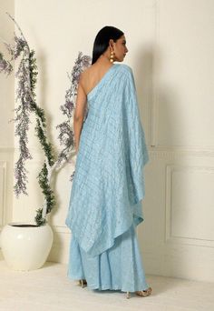 Ash Blue One Shoulder Tunic/Palazzo Set of 2 - Trendroots Traditional One-shoulder Set With Dupatta, Festive One-shoulder Set With Resham Embroidery, One-shoulder Zari Work Designer Wear Set, Summer Blue Palazzo Set With Chikankari Embroidery, Blue Chikankari Embroidered Palazzo Set For Summer, Blue Chikankari Embroidery Palazzo Set For Summer, Festive One-shoulder Saree, Traditional One-shoulder Saree For Festive Occasions, Traditional One-shoulder Festive Sets