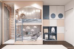 a child's bedroom with a bunk bed, dresser and bookcase in pastel tones