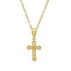 Perfect for a First Communion gift, or any occasion, this 14k gold Charming Girl fancy cross pendant is a beautiful symbol of her faith. Perfect for a First Communion gift, or any occasion, this 14k gold Charming Girl fancy cross pendant is a beautiful symbol of her faith. Nickel free Metal: 14k gold Chain length: 15 in. Packaging: boxed Plating: 14k gold Finish: diamond-cut, textured Pendant size: 23 mm x 11.3 mm Chain type: cable Size: 15". Gender: female. Age Group: kids. 14k Gold Cross Necklace For First Communion, Yellow Gold Cross Pendant Necklace For First Communion, Yellow Gold Cross Necklace For First Communion, Fancy Cross, Christian Cross Necklace, Beautiful Symbols, First Communion Gifts, Communion Gifts, Christian Cross