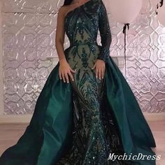 One Shoulder Prom Dress, Detachable Skirt, Color Dresses, Long Sleeve Evening Gowns, Bold Dresses, Detachable Train, Elegant Prom Dresses, Sequin Evening Dresses, Long Sleeve Evening Dresses