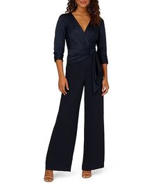 Adrianna Papell Stretch Satin Crepe Surplice V-Neck 3/4 Sleeve Side Drape Jumpsuit | Dillard's Formal Fall V-neck Jumpsuits And Rompers, Elegant Fitted Jumpsuits And Rompers With Surplice Neckline, Elegant Party Jumpsuit With Surplice Neckline, Elegant Party Jumpsuits And Rompers With Surplice Neckline, Elegant V-neck Pantsuit For Fall, Elegant Satin Jumpsuits And Rompers For Workwear, Formal Satin V-neck Jumpsuit, Fall Evening V-neck Pantsuit, Elegant Satin Long Sleeve Jumpsuits And Rompers