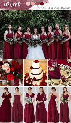 a collage of photos showing different bridesmaid dresses and their wedding colors, including red