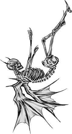 a drawing of a skeleton on top of a tree branch with its arms and legs spread out