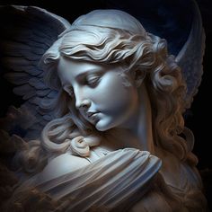 an angel statue with its eyes closed in front of a dark background