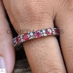 Red Ruby Gemstone Band Ring, Pave Diamond Silver Ring, Eternity Band Ring, Gemstone Diamond Jewelry, Sterling Silver Jewelry, Birthday Gift 925 Sterling Silver Ring Handmade Ring Jewelry Ruby Gemstone Band Ring Pave Diamond Ring Jewelry Wedding Gift Jewelry Birthday Gift Ring Jewelry 925 Silver Band Ring Gift For Her Beautiful RIng Jewelry NOTE:- All The Products Are Designed And Manufactured In My Workshop By Me & My Team. Shown Products Are Purely Handmade. Custom Orders Are Open Handly Ac Ruby Eternity Band For Anniversary, Anniversary Ruby Eternity Band With Round Cut, Red Diamond Gemstones With Prong Setting, Ruby Round Eternity Band Fine Jewelry, Red Diamond With Prong Setting, Ruby Half Eternity Band Gift, Ruby Half Eternity Band As A Gift, Red Diamond Gemstones For Wedding, Ruby Eternity Band Gift