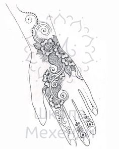 a henna tattoo design with flowers and leaves on the palm, in black and white