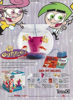 an advertisement for cereal featuring cartoon characters in a fish bowl with the caption's name