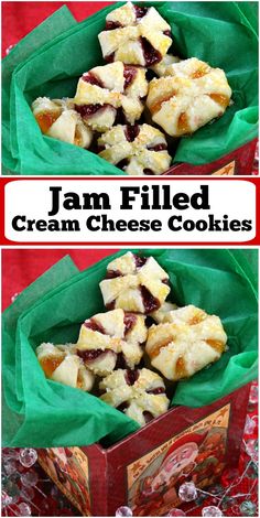 jam filled cream cheese cookies in a red box with green wrapper and text overlay