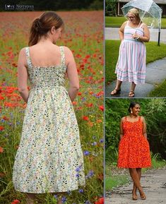 three different pictures of women in dresses and one has an umbrella over her head while the other is walking