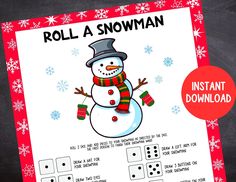 roll a snowman printable game for kids to play on the christmas holiday season