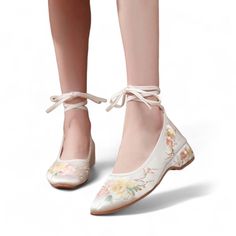 ❁Embrace Timeless Elegance and Comfort: White Lace-Up Ballet Flats with Delicate Florals Unveil a fusion of classic style and breathable comfort with our stunning white lace-up ballet flats featuring delicate floral embroidery!  These exquisite shoes are meticulously crafted to elevate your everyday look while keeping your feet cool and happy. ❁Crafted with Love and Attention to Detail: ⋆Silky Smooth Exterior Material: Luxurious fabric offers a touch of sophistication. ⋆Delicate Floral Embroider Spring Wedding Shoes With Low Heel, Beige Round Toe Wedding Shoes For Spring, Summer Ceremony Heels With Round Toe, Spring Formal Wedding Shoes Lace-up, Spring Ceremony Closed Toe Heels, Spring Wedding Shoes With Round Toe, Closed Toe Heels For Summer Ceremonies, Closed Toe Heels For Ceremony In Summer, Beige Closed Toe Wedding Shoes For Spring