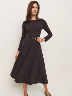 Wear the dress. Shop the Wiley Knit Dress from Reformation, a long-sleeve midi dress with a boat neckline and flared skirt. Cashmere Dress Reformation, Reformation Knit Dress, Black Viscose Long Sleeve Midi Dress, Extra Dresses, Black Midi Dress With Long Sleeves, Non-stretch, Black Long Sleeve Non-stretch Midi Dress, Black Currant, Boat Neckline, Long Sleeve Midi