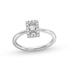 This baguette-cut and round diamond square-frame ring adds a refined touch to any style. 10K white gold Features a 1/8 ct. baguette-cut diamond center stone Round diamonds line the open square-shaped frame 1/4 ct. t.w. of diamonds Rectangular Diamond White Ring With Baguette Diamonds, Modern Rectangular Baguette Diamond Ring, Timeless Rectangular Diamond Ring With Baguette Diamonds, White Gold Radiant Cut Diamond Ring With Baguette Diamonds, White Gold Rectangular Baguette Diamond Rings, Formal Rectangular Diamond Ring With Baguette Diamonds, Baguette White Gold Diamond Ring For Formal Occasions, Formal Rectangular Baguette Diamond Ring, Classic Rectangular Diamond Ring With Baguette Diamonds