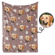 a dog's face and paw prints on a pink blanket with a photo of the golden retriever