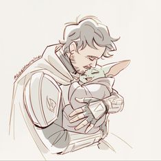 a drawing of a man holding a baby in his arms and looking down at the ground