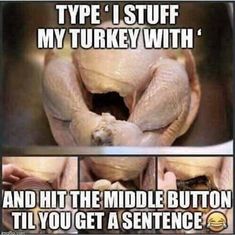 a chicken is shown in three pictures with the caption'type i stuff my turkey with and hit the middle button, tili you get a sentence