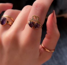 Victorian Double Heart Conversion Ring Elegant Heart-shaped Amethyst Ring, Elegant Purple Heart Ring For Wedding, Elegant Purple Heart Wedding Ring, Elegant Heart-shaped Amethyst Ring Gift, Elegant Amethyst Heart Ring For Gift, Ribbon Crown, Double Heart Ring, Old Soul, Double Heart