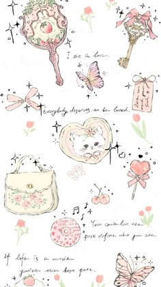 a drawing of various items on a white sheet with pink flowers and butterflies around it