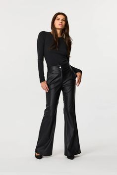 Make a bold statement with the Gaia vegan leather flare pants. Crafted from sustainable, high-quality vegan leather, these tailored dress pants offer a sleek and modern silhouette. With a high-waisted design that flatters your figure, these flare pants are perfect for both pant suits and standalone looks. Comfortable yet striking, they’re ideal for both formal events and chic casual outings, ensuring your wardrobe is stylish and eco-conscious. Chic Faux Leather Pants For Formal Occasions, Sleek Leather Pants For Evening In Fall, Elegant Faux Leather Wide Leg Pants For Fall, Elegant Wide Leg Faux Leather Pants, Modern Flare Pants For Fall, Sleek Flare Pants For Fall, Elegant Faux Leather Wide Leg Pants, Elegant Flare Leather Pants For Fall, Elegant Wide Leg Leather Pants For Party