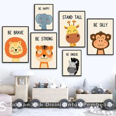 the children's room is decorated in neutral colors and features posters with animals on them