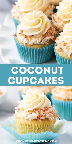 coconut cupcakes with white frosting and sprinkles on the top