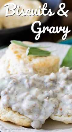 biscuits and gravy on a white plate