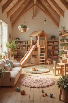 a living room filled with furniture and a slide