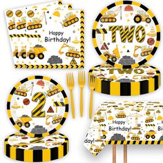 construction themed birthday party supplies including plates, napkins and forks