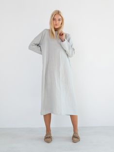 "DAWN is a linen long sleeve oversized maxi dress. DETAILS - Long sleeves - Mid-calf length - Comes with a self-tie belt - 100% lightweight European linen fabric - Cut and sewn to order just for you in our studio COLOR - Cloudy Grey, you can also choose other colors above - Fabric samples are available here https://www.etsy.com/listing/586569696/linen-fabric-samples SIZING & FIT - Relaxed fit - Length is approximately 42 inches / 106 cm - Bust is approximately 42 inches / 106 cm - Hips are a Casual Linen Maxi Dress For Loungewear, Long Linen Dress With Relaxed Fit For Spring, Linen Maxi Dresses For Loungewear, Oversized Linen Midi Dress For Spring, Oversized Linen Dress For Spring Daywear, Oversized Linen Maxi Dress, Spring Oversized Midi Loungewear Dress, Spring Oversized Midi Dress For Loungewear, Oversized Midi Dress For Spring Loungewear