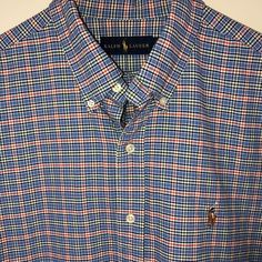 Awesome Ralph Lauren Plaid Oxford Cloth Shirt New Without Tags (Washed But Never Worn) Sz L 100% Cotton In A Great Medium Blue, Dark Blue, Red And White Plaid With A Tan Pony All Measurements Taken Flat Across In Inches And Are Approximate 24 Across Underarms 30.5 Top Of Shoulder To Hem Questions?? Please Message Me From A Clean, Smoke Free Home Preppy Blue Button-up Tops, Blue Preppy Shirt For Spring, Blue Long Sleeve Preppy Tops, Preppy Blue Long Sleeve Tops, Preppy Short Sleeve Blue Shirt, Preppy Blue Short Sleeve Shirt, Red And White Plaid, Ralph Lauren Plaid, Blue Label