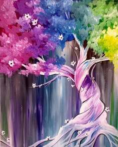 a painting of a colorful tree with white flowers