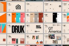 an array of brochures designed to look like different types of logos and colors