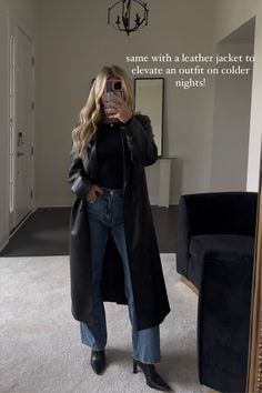 How To Style A Leather Trench Coat, Leather Long Jacket Outfit, Brown Leather Coat Outfit, Long Leather Coat Outfit, Black Leather Coat Outfit, Black Leather Trench Coat Outfit, Long Leather Jacket Outfit, Leather Trench Coat Outfit, Casual Trench Coat Outfit