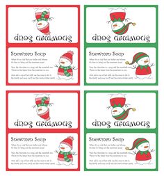 four snowman labels with the names and numbers for each item in red, green and white