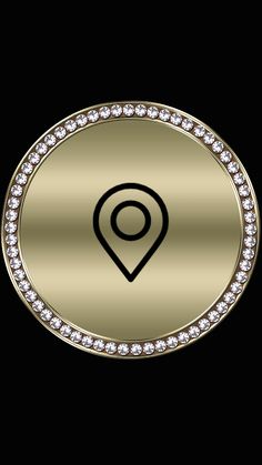 a gold plate with a pin on it and some diamonds around the edges that are black