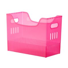 a pink plastic storage container with holes in the front and side panels on each side