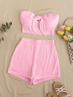 Solid Color Bandeau Top & High Waisted Shorts Texture Set For Summer Pink Boho    Colorblock,Plain  Medium Stretch  Women Clothing, size features are:Bust: ,Length: ,Sleeve Length: Bandeau Tops, Cropped Leather Jacket, Bandeaus, Pink Boho, Bandeau Top, Two Piece Outfit, High Waisted Shorts, All Fashion, Women Clothing