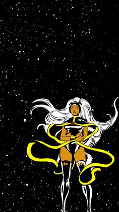 an image of a woman with long white hair holding a yellow ribbon in her hands