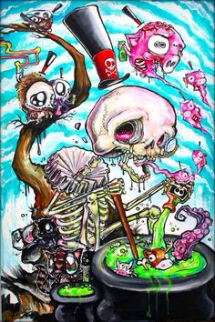 a painting of a skeleton with a top hat on it's head and other items around him